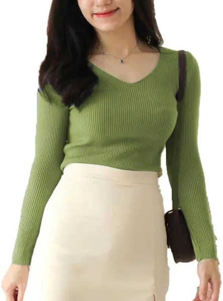 Luktrima Women's Rib Knitted V Neck Full Sleeve Top